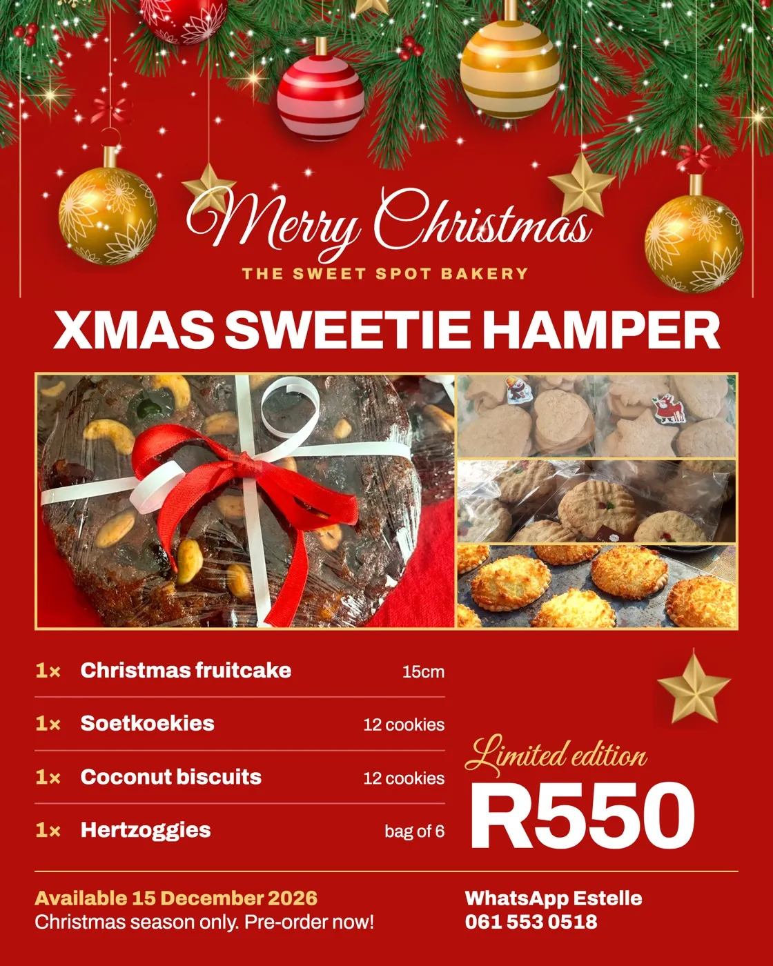 Xmas sweetie hamper: a Christmas fruitcake, soetkoekies, coconut biscuits and hertzoggies for R550